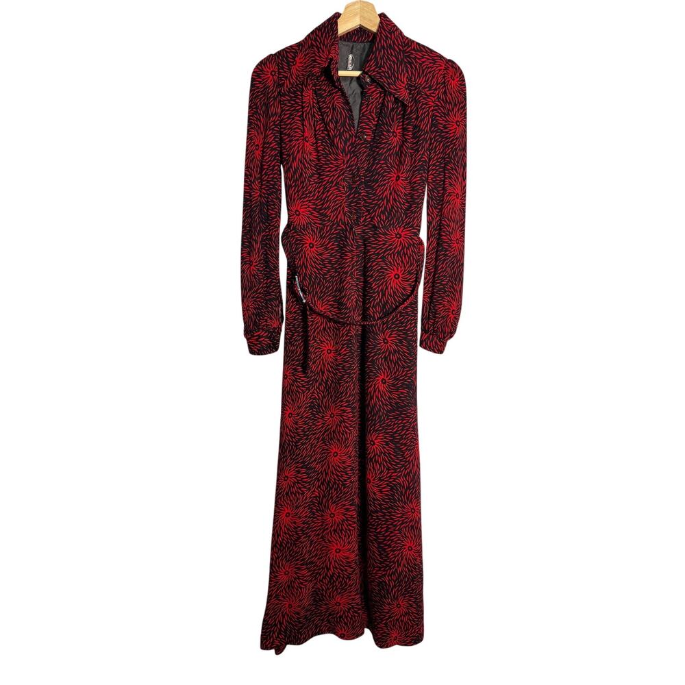 Vintage 70s Psychedelic Red & Black Swirl Maxi Dress with Disco Collar
